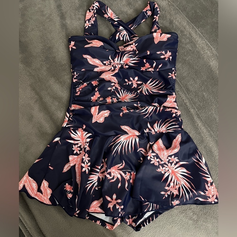 Summer Mae Maternity Swimsuit With Skort Bottom Medium Blue Orange - Picture 7 of 8